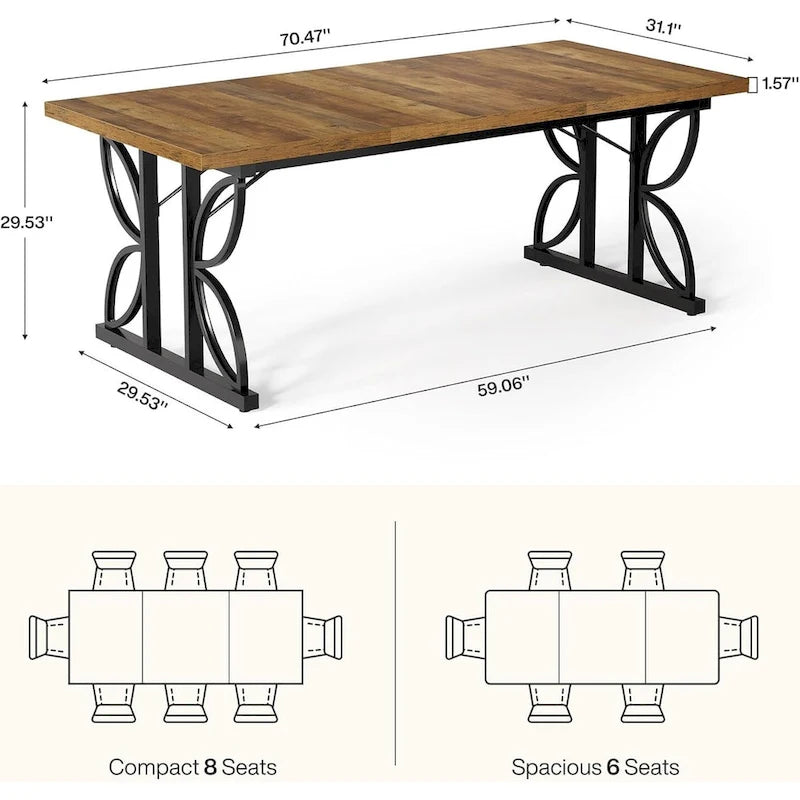 Table à manger rectangulaire en bois brun avec pieds géométriques en métal noir