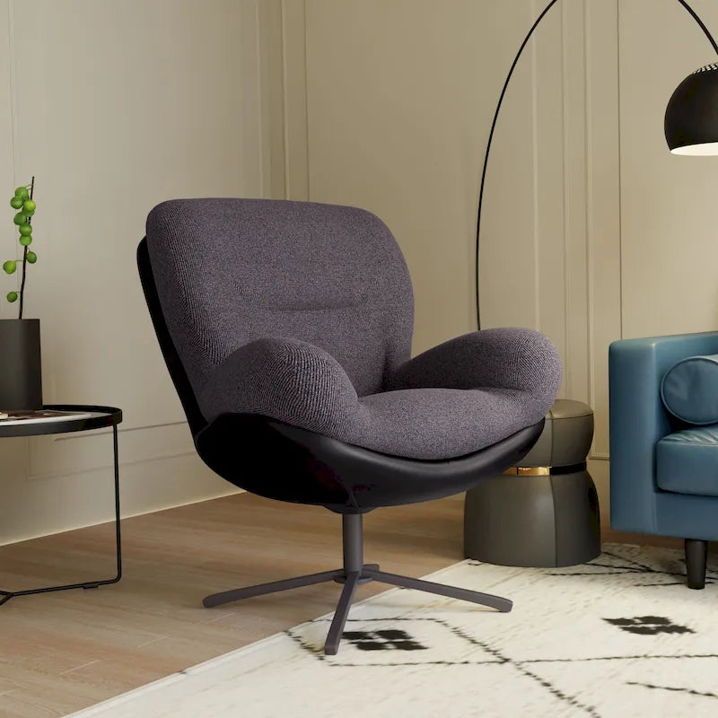 Fauteuil d'appoint pivotant en chenille gris rembourré avec base en métal