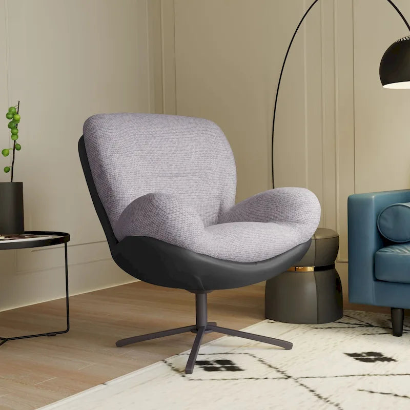 Fauteuil d'appoint pivotant en chenille gris rembourré avec base en métal