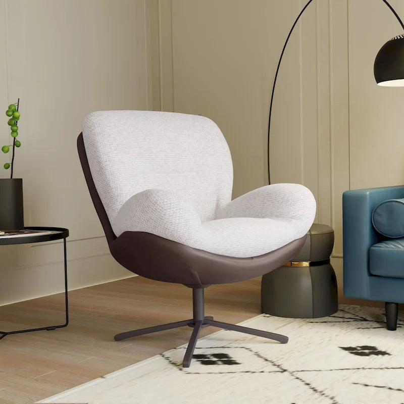 Fauteuil d'appoint pivotant en chenille gris rembourré avec base en métal
