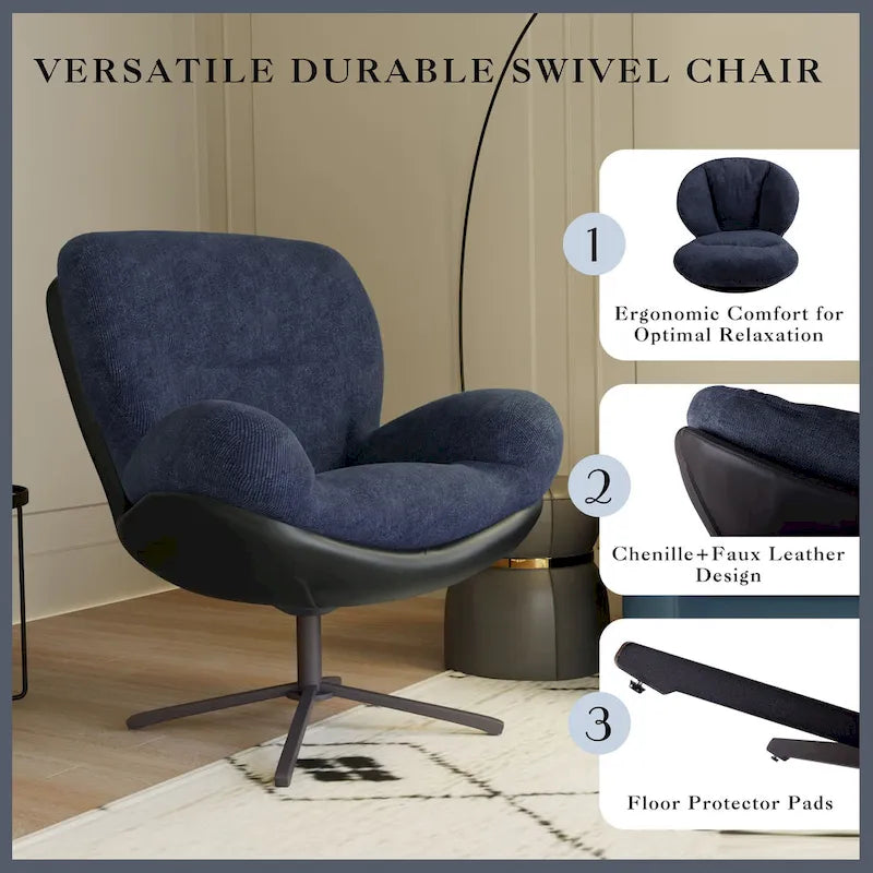 Fauteuil d'appoint pivotant en chenille gris rembourré avec base en métal