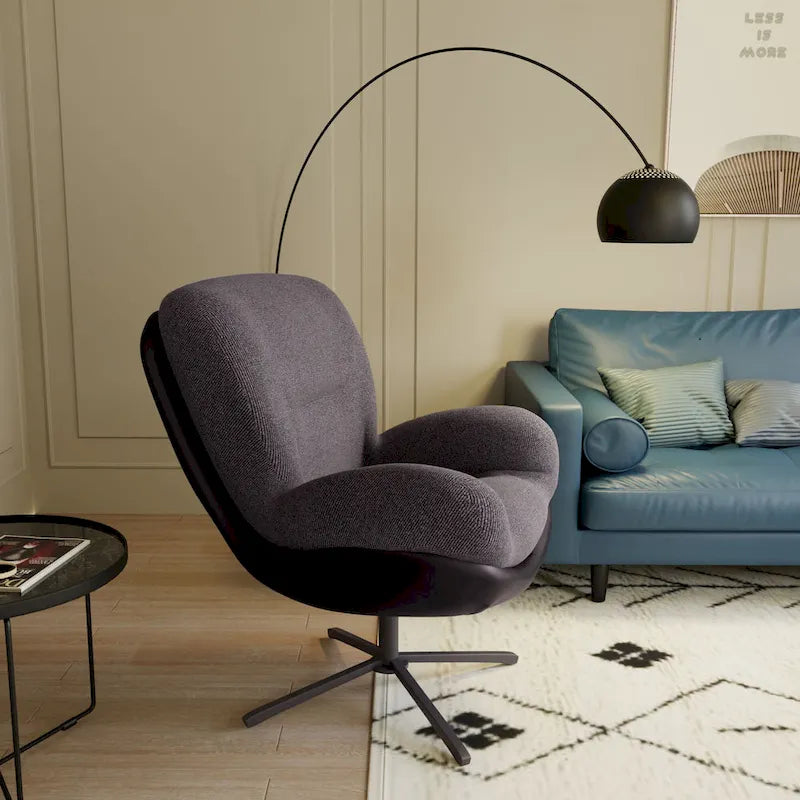 Fauteuil d'appoint pivotant en chenille gris rembourré avec base en métal