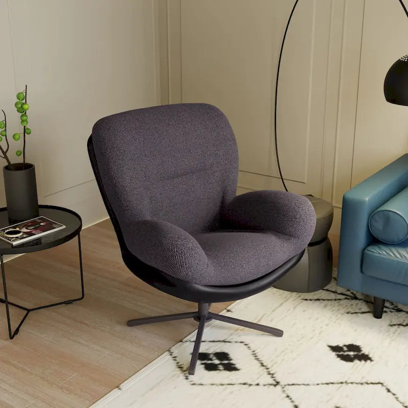 Fauteuil d'appoint pivotant en chenille gris rembourré avec base en métal