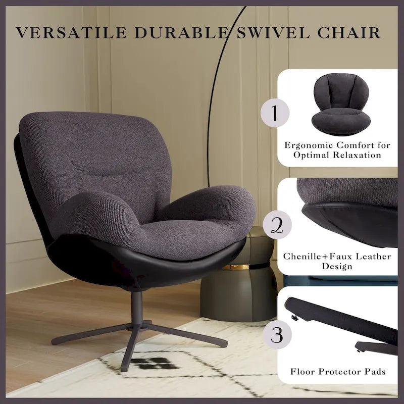 Fauteuil d'appoint pivotant en chenille gris rembourré avec base en métal