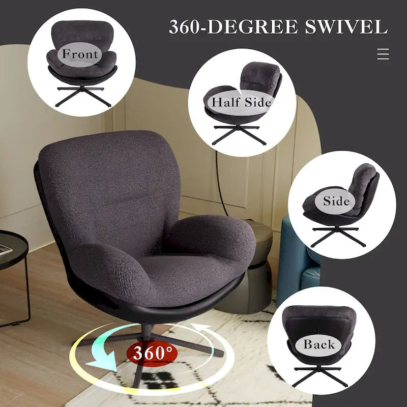Fauteuil d'appoint pivotant en chenille gris rembourré avec base en métal
