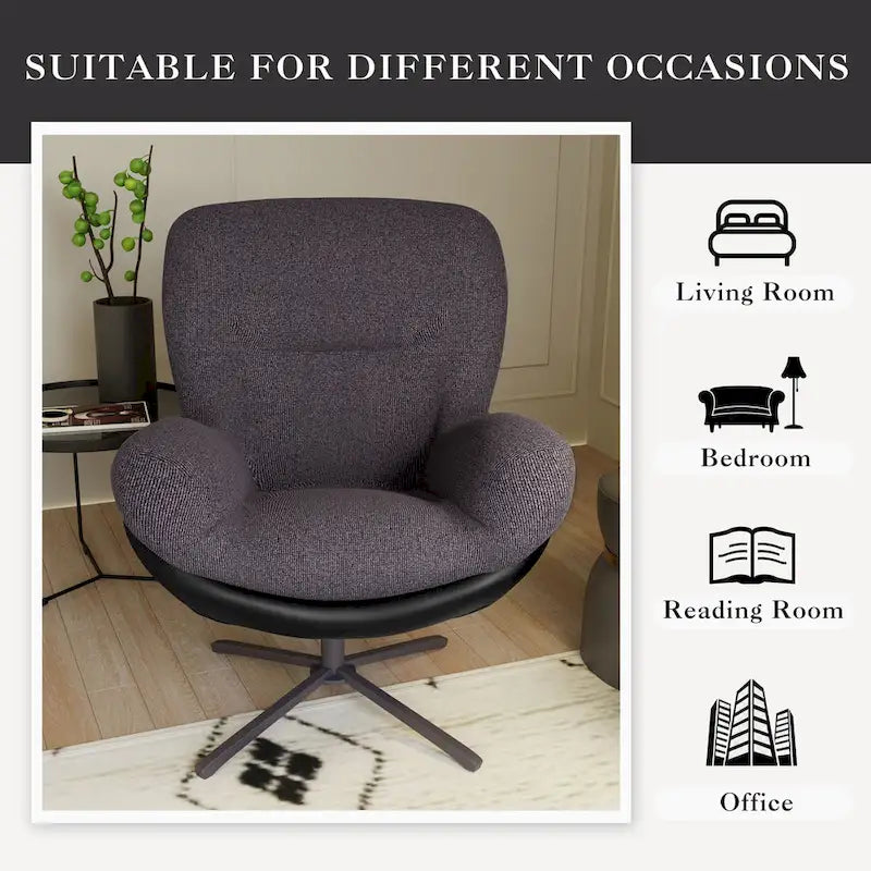 Fauteuil d'appoint pivotant en chenille gris rembourré avec base en métal