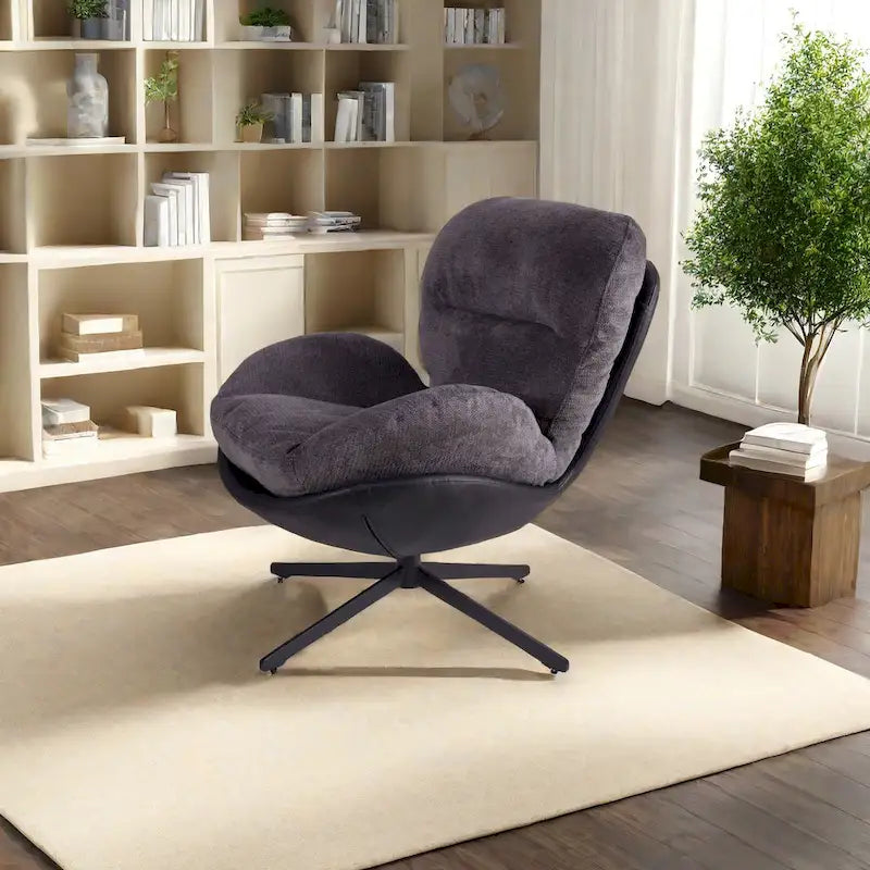 Fauteuil d'appoint pivotant en chenille gris rembourré avec base en métal