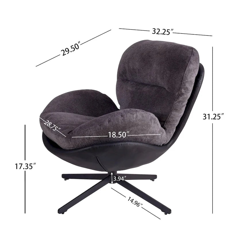 Fauteuil d'appoint pivotant en chenille gris rembourré avec base en métal