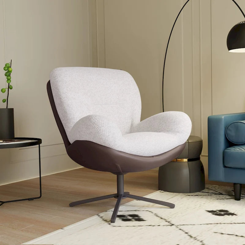 Fauteuil d'appoint pivotant en chenille gris rembourré avec base en métal
