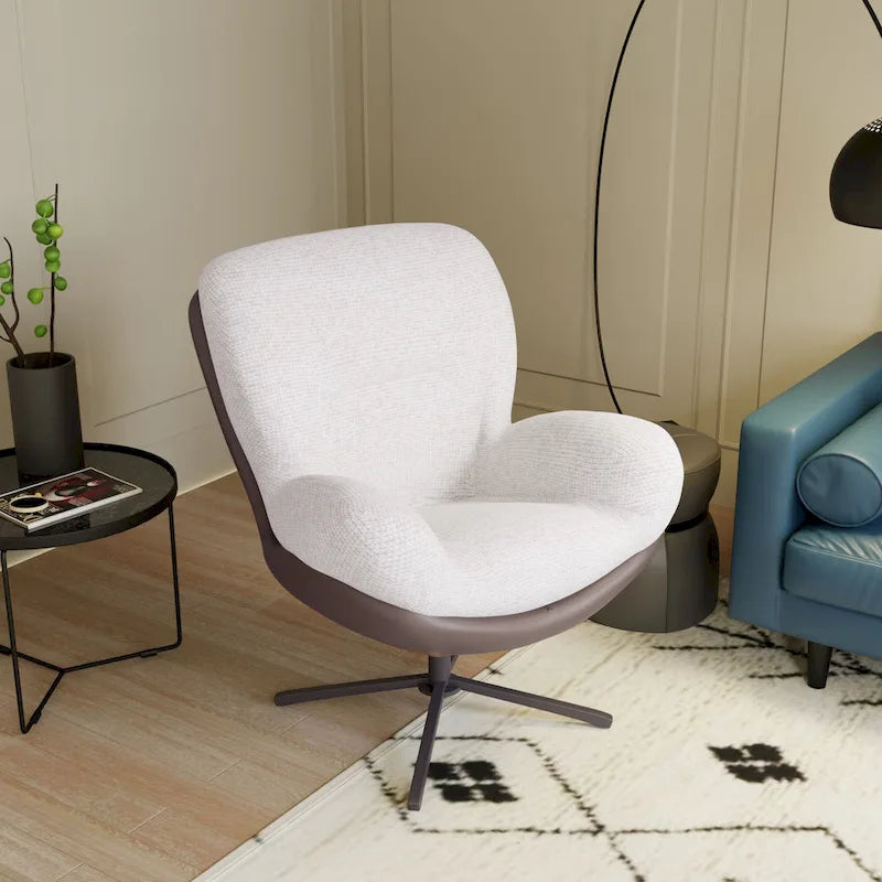 Fauteuil d'appoint pivotant en chenille gris rembourré avec base en métal