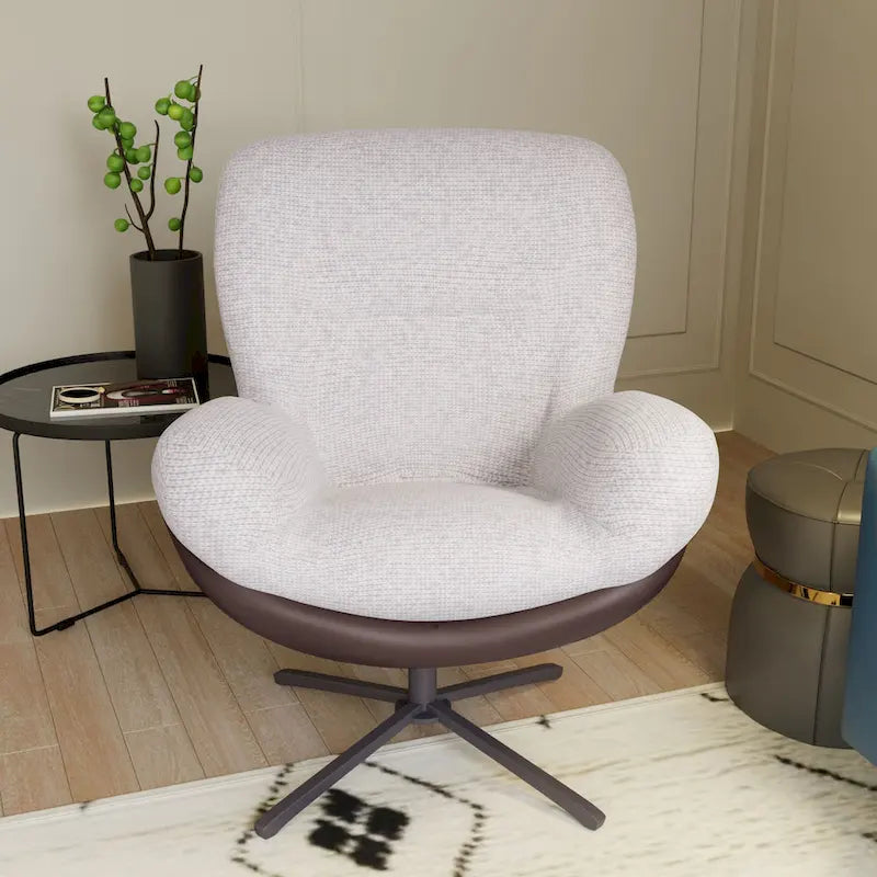 Fauteuil d'appoint pivotant en chenille gris rembourré avec base en métal