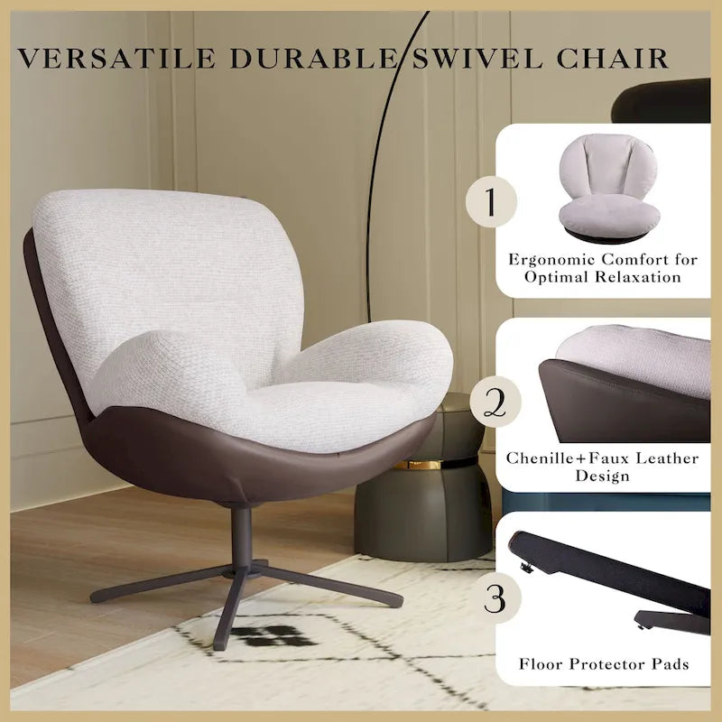 Fauteuil d'appoint pivotant en chenille gris rembourré avec base en métal