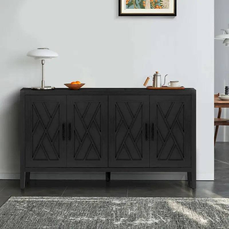Buffet de salle à manger/crédence en bois massif à 4 portes avec motifs géométriques