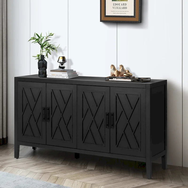 Buffet de salle à manger/crédence en bois massif à 4 portes avec motifs géométriques