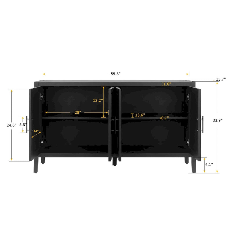 Buffet de salle à manger/crédence en bois massif à 4 portes avec motifs géométriques