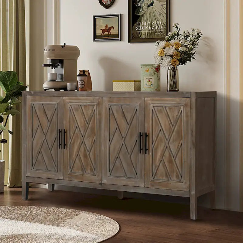 Buffet de salle à manger/crédence en bois massif à 4 portes avec motifs géométriques