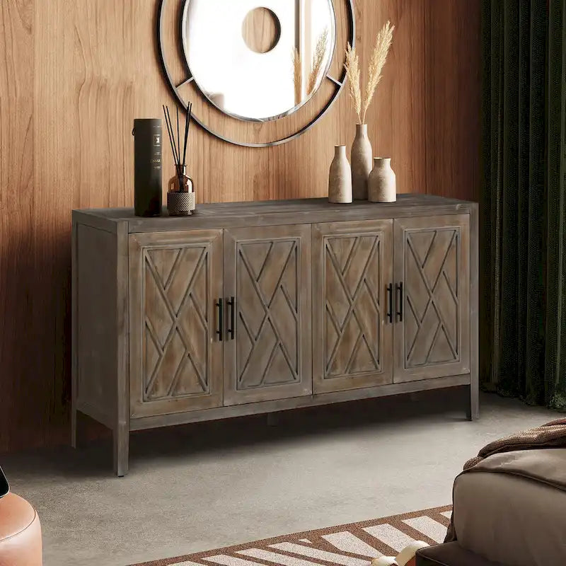 Buffet de salle à manger/crédence en bois massif à 4 portes avec motifs géométriques
