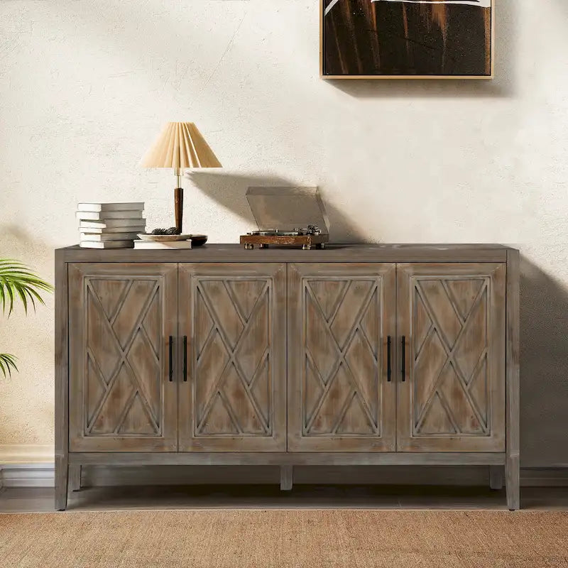 Buffet de salle à manger/crédence en bois massif à 4 portes avec motifs géométriques