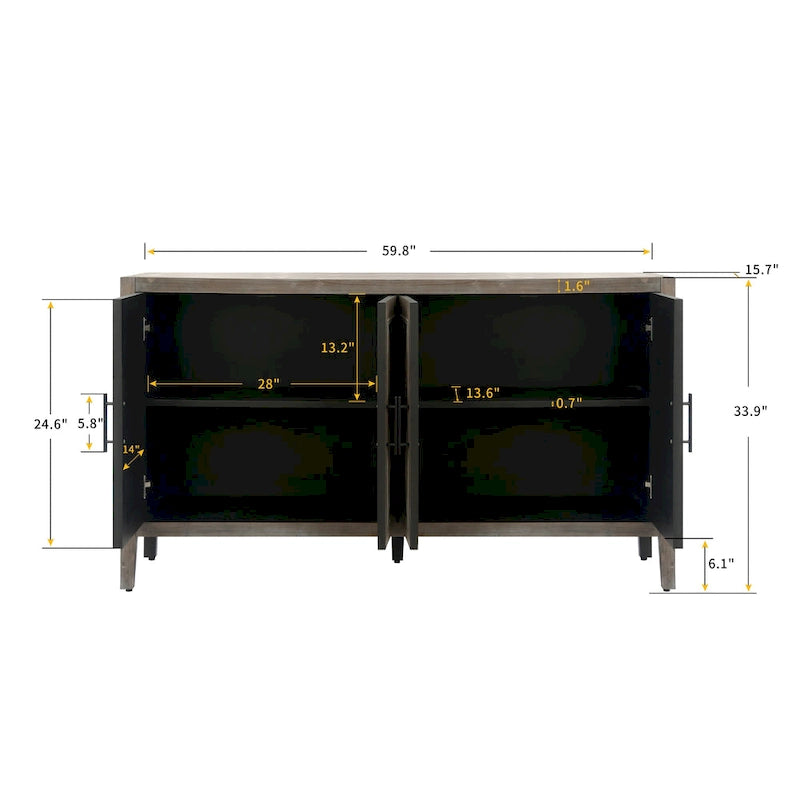 Buffet de salle à manger/crédence en bois massif à 4 portes avec motifs géométriques