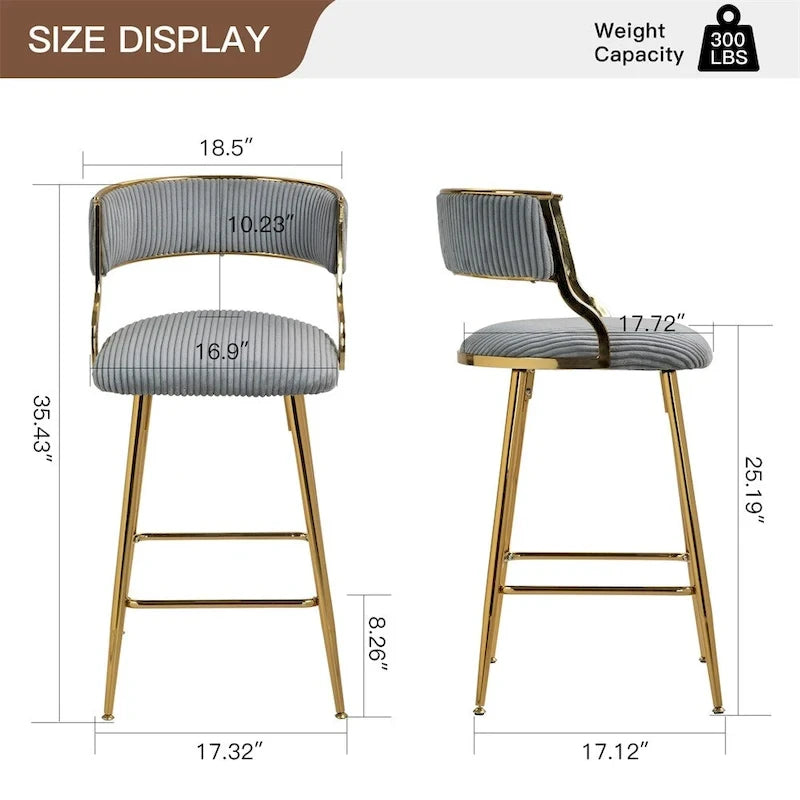 Tabouret de bar à hauteur de comptoir en velours côtelé avec pieds en métal doré et dossier ouvert rembourré