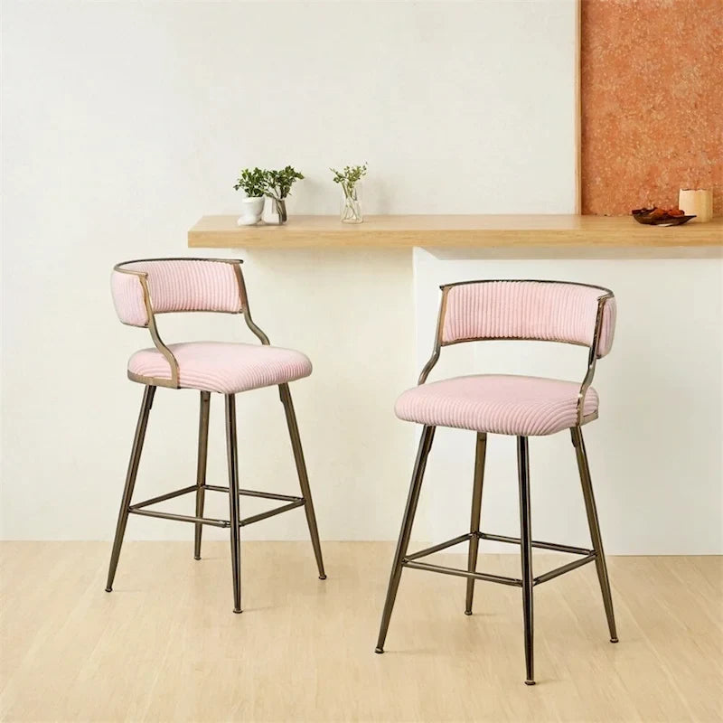 Tabouret de bar à hauteur de comptoir en velours côtelé avec pieds en métal doré et dossier ouvert rembourré