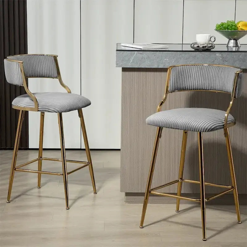 Tabouret de bar à hauteur de comptoir en velours côtelé avec pieds en métal doré et dossier ouvert rembourré
