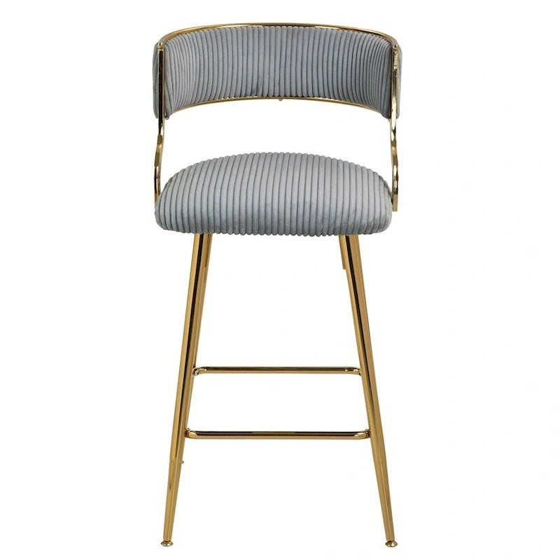 Tabouret de bar à hauteur de comptoir en velours côtelé avec pieds en métal doré et dossier ouvert rembourré