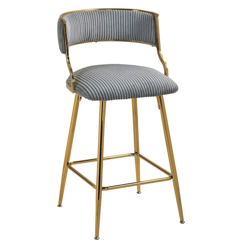 Tabouret de bar à hauteur de comptoir en velours côtelé avec pieds en métal doré et dossier ouvert rembourré