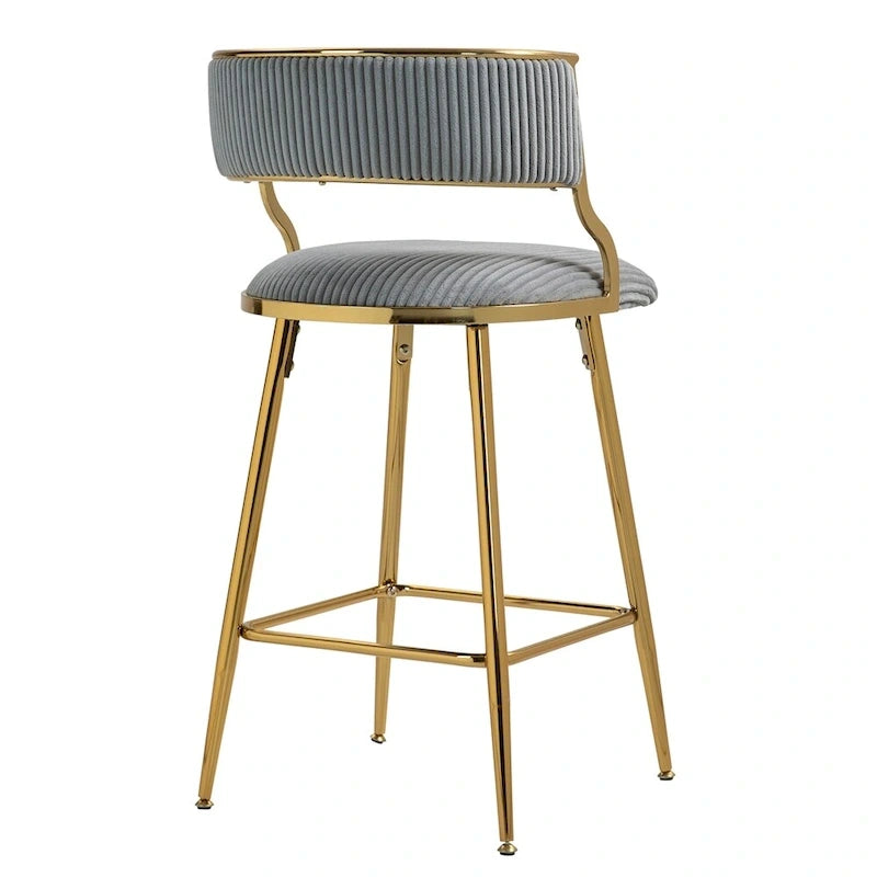 Tabouret de bar à hauteur de comptoir en velours côtelé avec pieds en métal doré et dossier ouvert rembourré