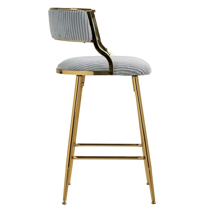 Tabouret de bar à hauteur de comptoir en velours côtelé avec pieds en métal doré et dossier ouvert rembourré