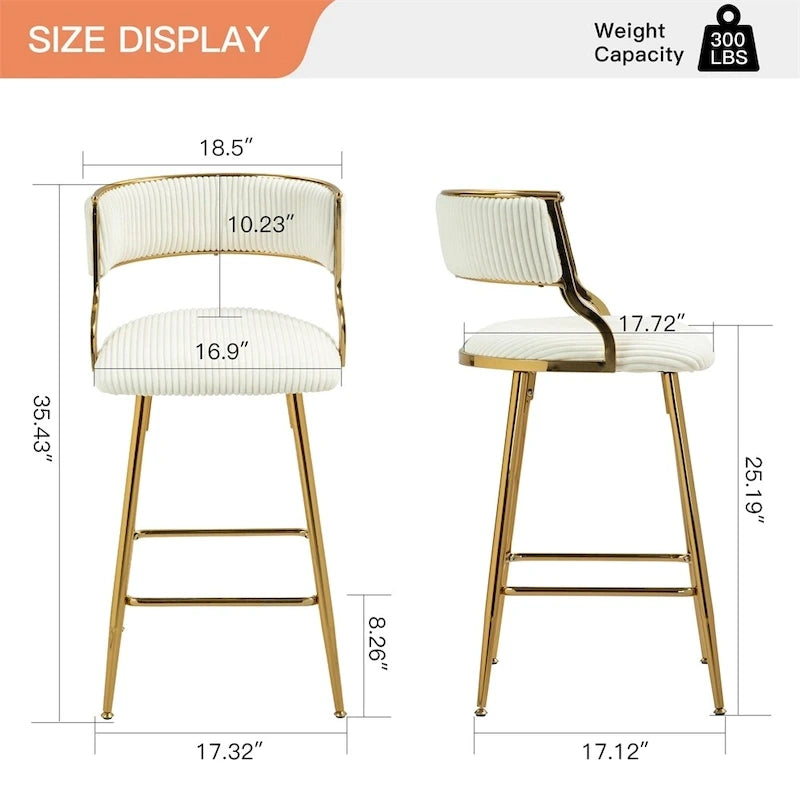 Tabouret de bar à hauteur de comptoir en velours côtelé avec pieds en métal doré et dossier ouvert rembourré