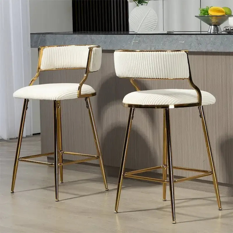 Tabouret de bar à hauteur de comptoir en velours côtelé avec pieds en métal doré et dossier ouvert rembourré