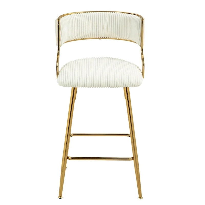 Tabouret de bar à hauteur de comptoir en velours côtelé avec pieds en métal doré et dossier ouvert rembourré