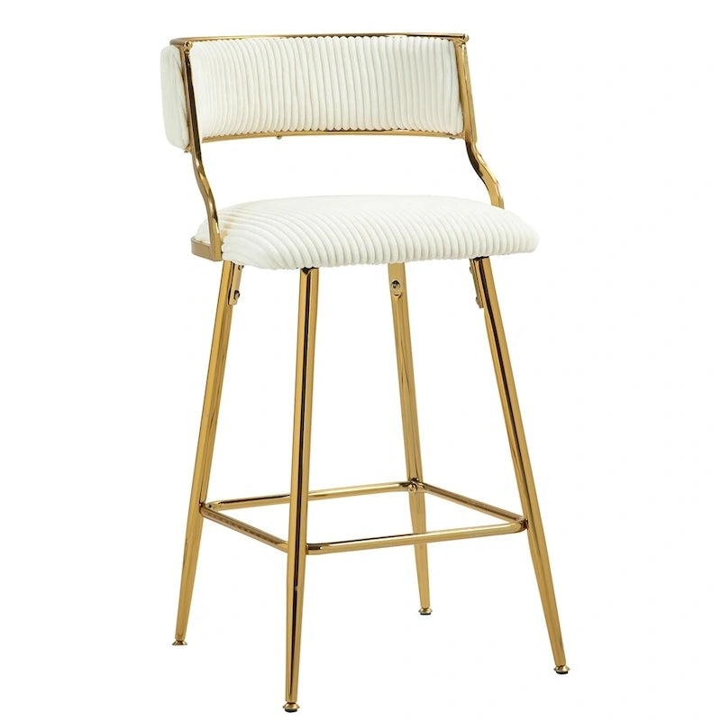 Tabouret de bar à hauteur de comptoir en velours côtelé avec pieds en métal doré et dossier ouvert rembourré