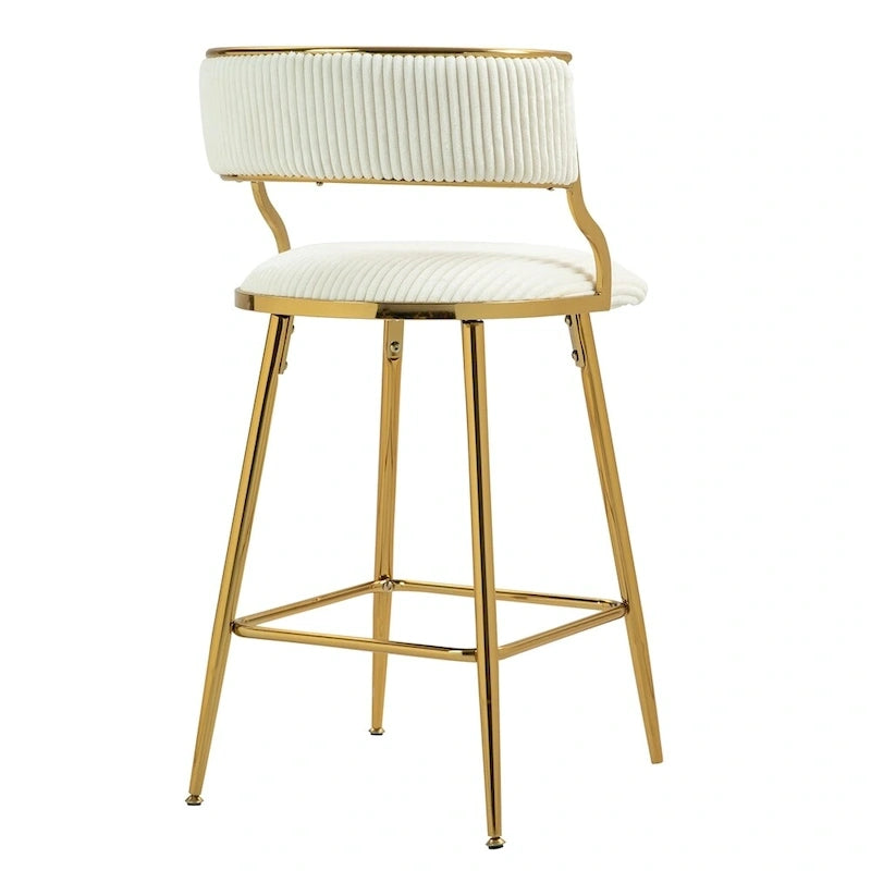 Tabouret de bar à hauteur de comptoir en velours côtelé avec pieds en métal doré et dossier ouvert rembourré