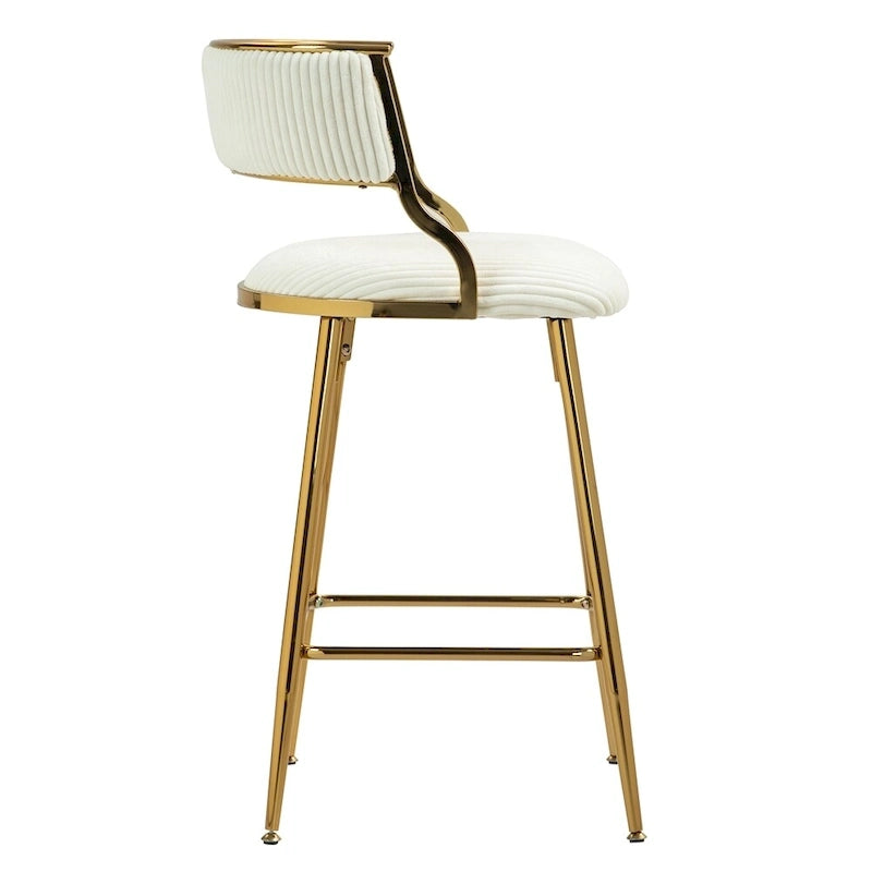 Tabouret de bar à hauteur de comptoir en velours côtelé avec pieds en métal doré et dossier ouvert rembourré