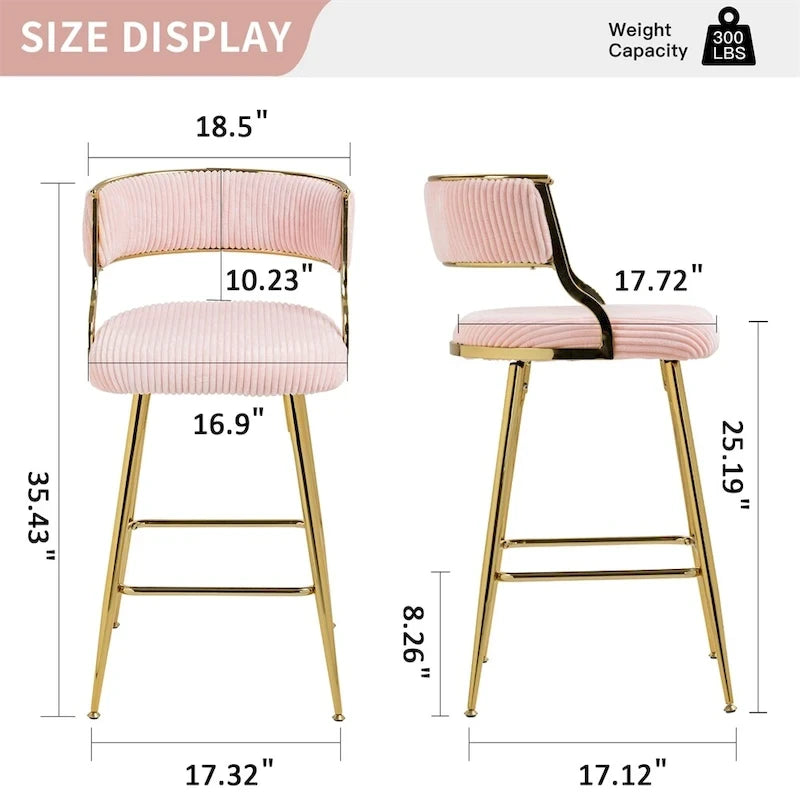Tabouret de bar à hauteur de comptoir en velours côtelé avec pieds en métal doré et dossier ouvert rembourré