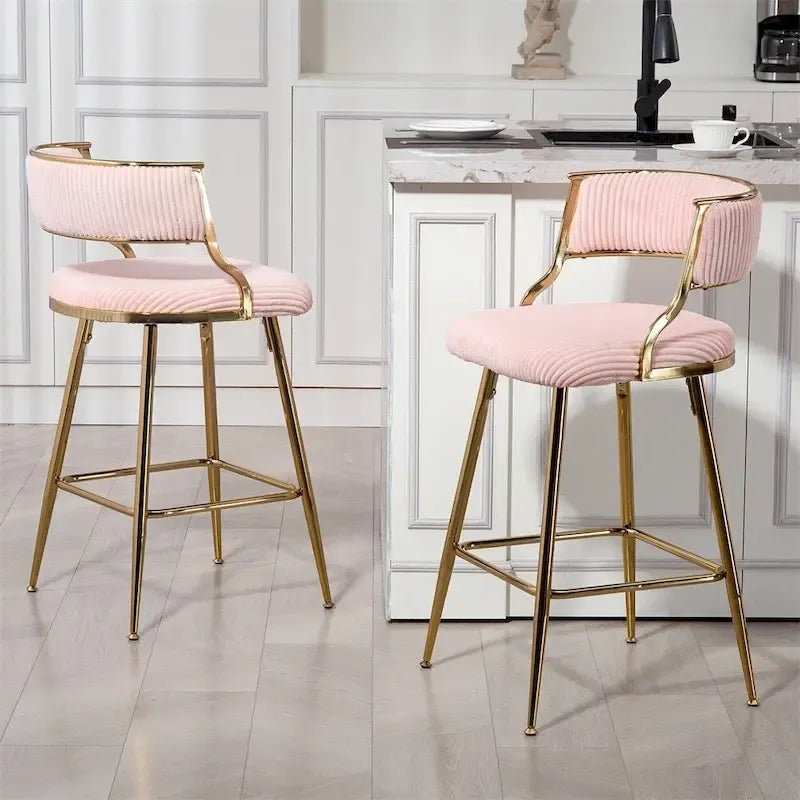 Tabouret de bar à hauteur de comptoir en velours côtelé avec pieds en métal doré et dossier ouvert rembourré