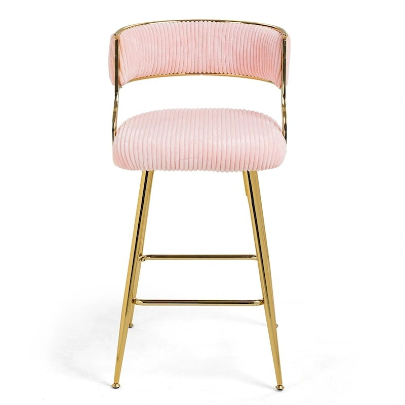 Tabouret de bar à hauteur de comptoir en velours côtelé avec pieds en métal doré et dossier ouvert rembourré
