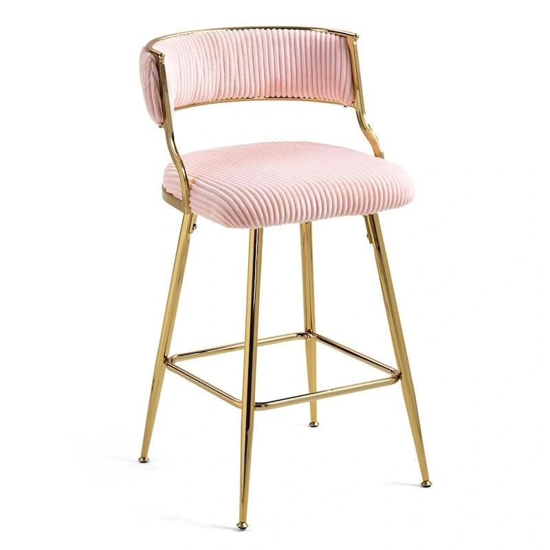 Tabouret de bar à hauteur de comptoir en velours côtelé avec pieds en métal doré et dossier ouvert rembourré