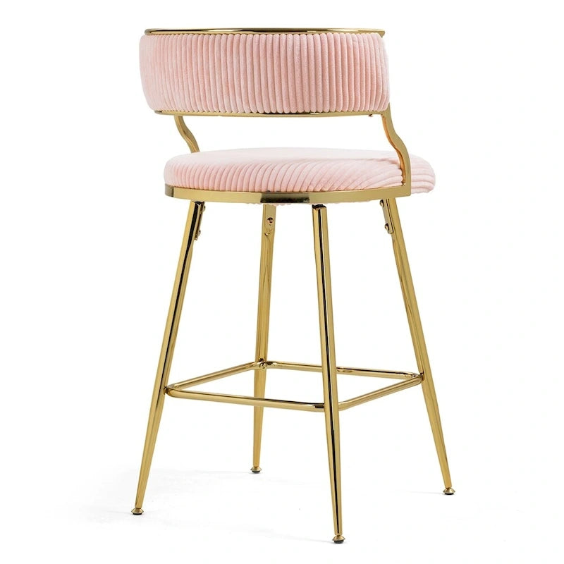 Tabouret de bar à hauteur de comptoir en velours côtelé avec pieds en métal doré et dossier ouvert rembourré