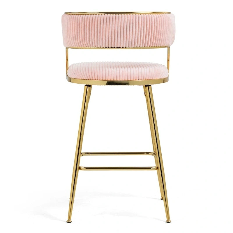 Tabouret de bar à hauteur de comptoir en velours côtelé avec pieds en métal doré et dossier ouvert rembourré