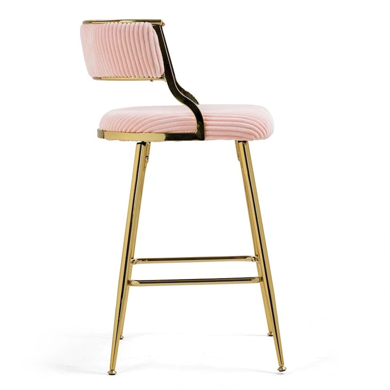 Tabouret de bar à hauteur de comptoir en velours côtelé avec pieds en métal doré et dossier ouvert rembourré