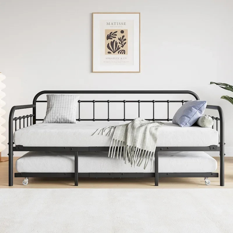 Lit de repos noir en métal avec sommier à lattes en acier robuste pour chambre à coucher