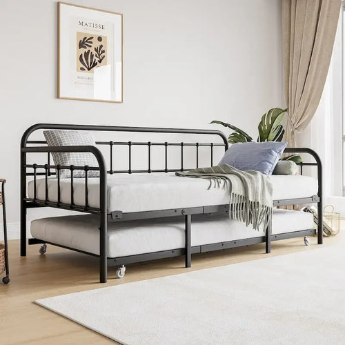Lit de repos noir en métal avec sommier à lattes en acier robuste pour chambre à coucher