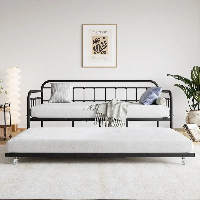 Lit de repos noir en métal avec sommier à lattes en acier robuste pour chambre à coucher