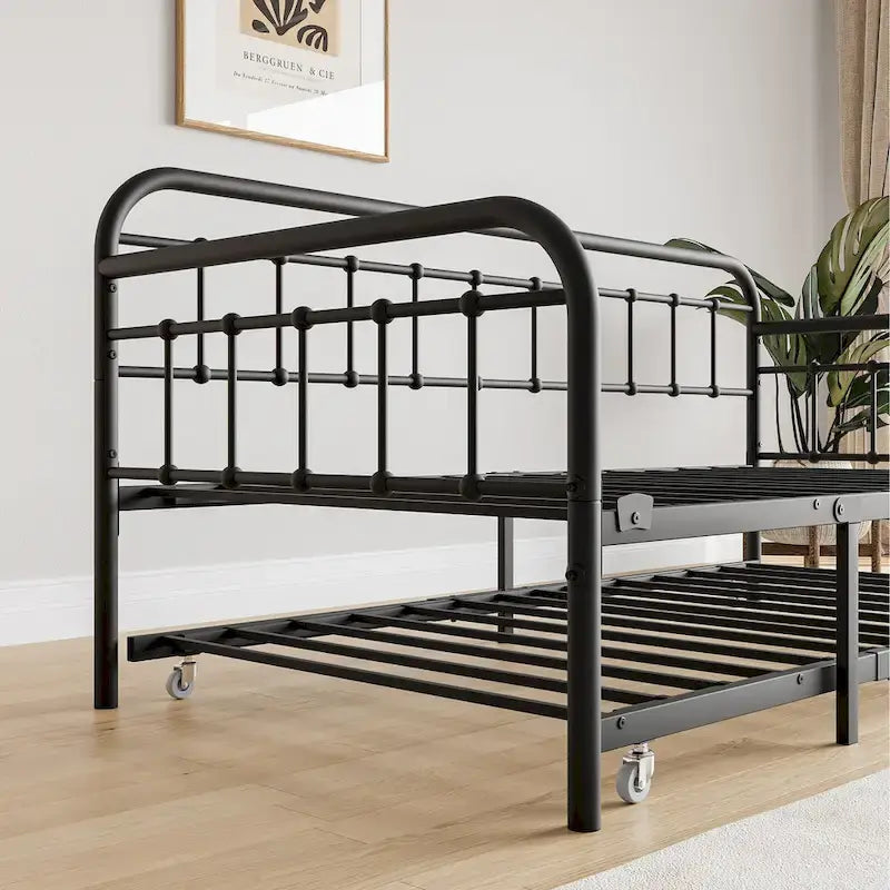 Lit de repos noir en métal avec sommier à lattes en acier robuste pour chambre à coucher