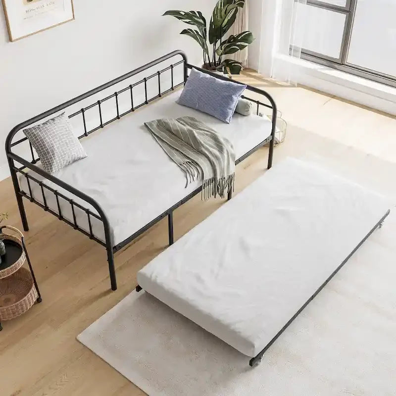 Lit de repos noir en métal avec sommier à lattes en acier robuste pour chambre à coucher