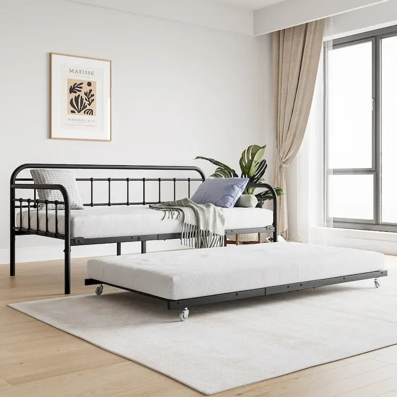 Lit de repos noir en métal avec sommier à lattes en acier robuste pour chambre à coucher