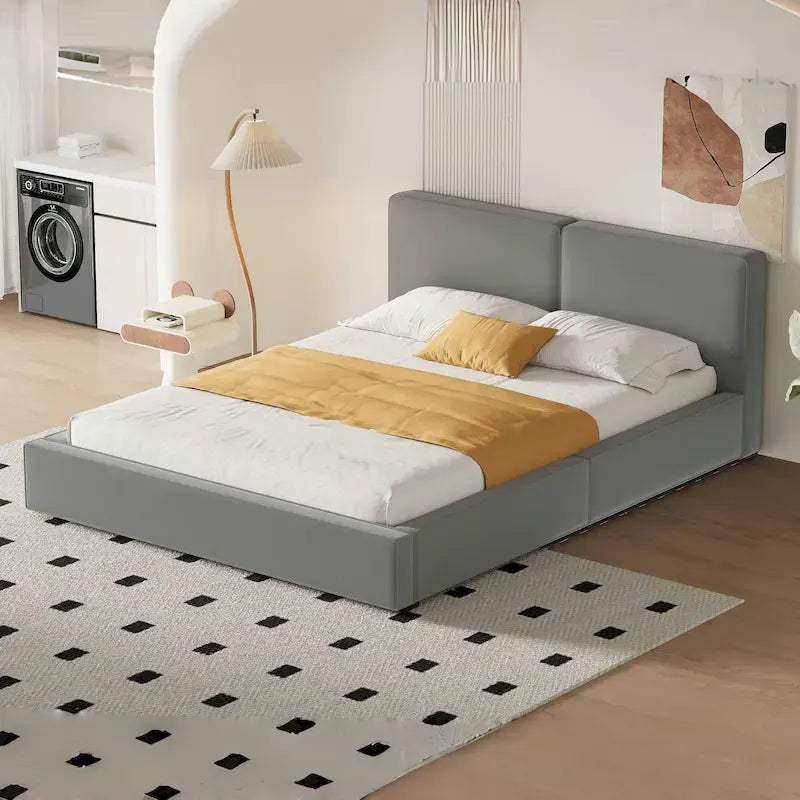 Cadre de lit plateforme Queen Size avec tête de lit capitonnée en velours doux, gris moderne